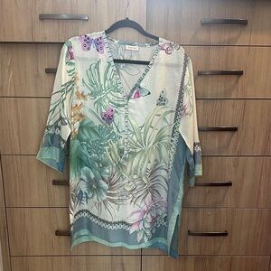 Johnny Was Cream and Green Relaxed Tunic